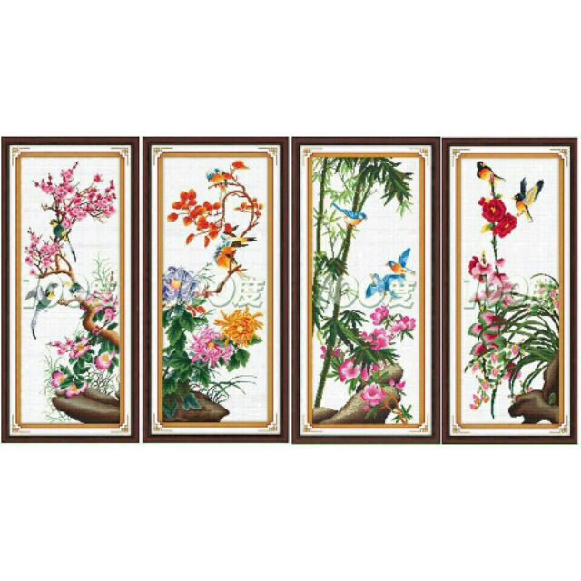 Tranh thêu tứ quý đào lan trúc cúc z268 ( 40 x 92,5). Z2 67. z 269 .z270