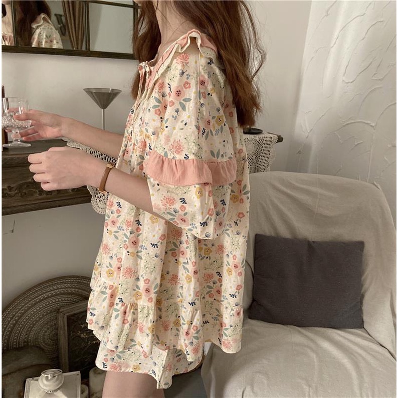 Set mặc nhà - bộ ngủ tay ngắn quần ngắn hoa nhí cổ bèo tiểu thư