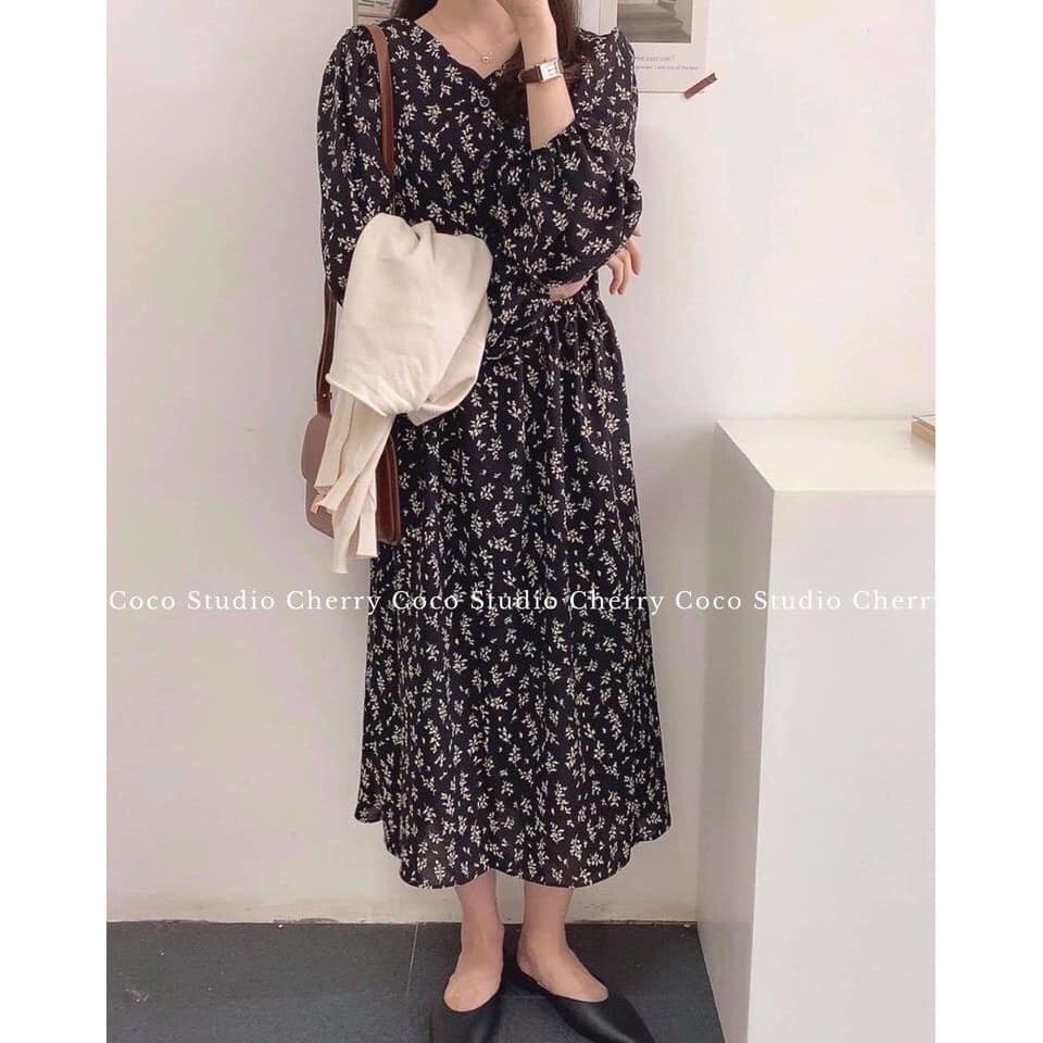 Váy babydoll hoa nhí dáng dài cổ V cài cúc ulzzang - Đầm hoa nhí dài tay vintage