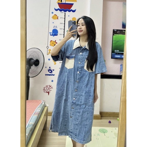 Váy sơmi bò suông phối màu