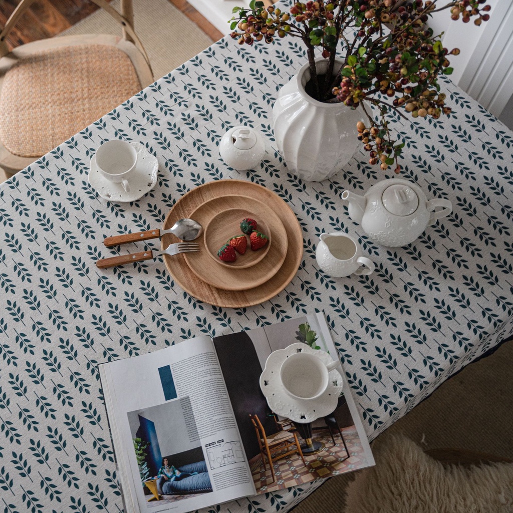 Khăn Trải Bàn Vải Lanh Cotton In Họa Tiết Tai Thỏ Màu Xanh Lá Xinh Xắn