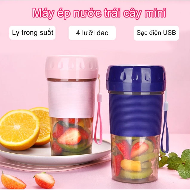 Máy Xay Sinh Tố Mini Cầm Tay Sạc USB, Máy Ép Trái Cây Mini 4 Lưỡi dao hoàn toàn bằng inox 304, Bản Nâng Cấp 300ML