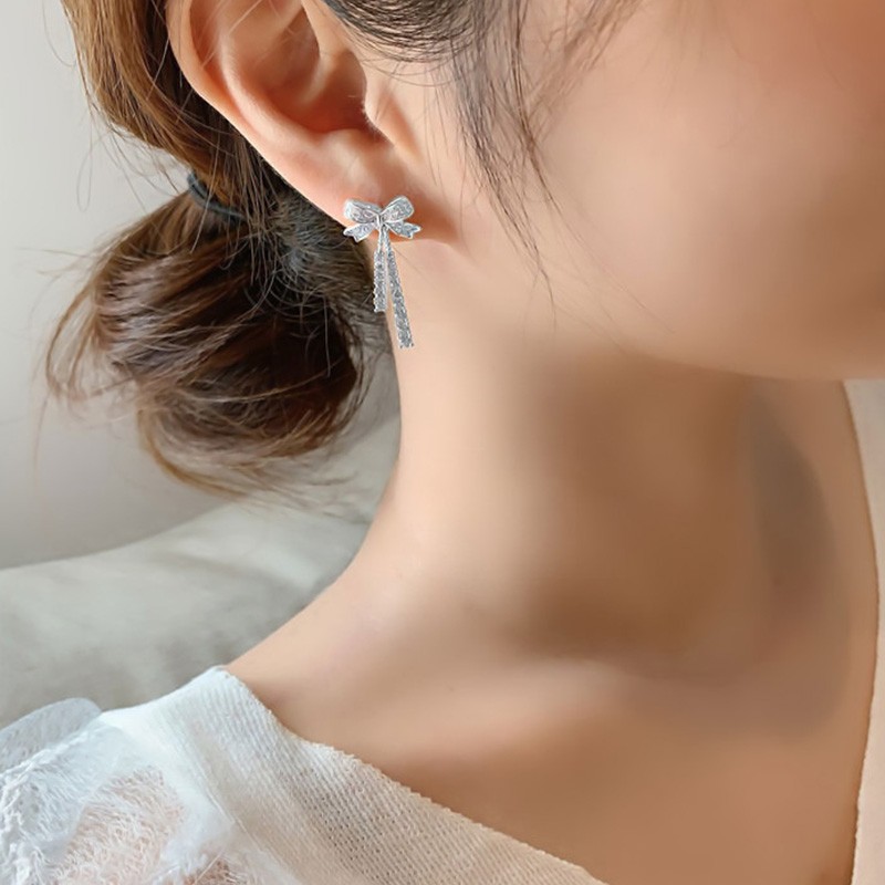 Bông tai bạc nữ hình nơ thắt dài sang chảnh DaLiA Jewelry khuyên tai bạc 925 không gỉ