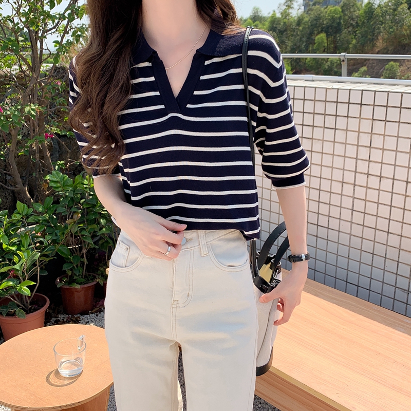 Áo Polo Ngắn Tay Kẻ Sọc Phong Cách Hàn Quốc Xinh Xắn Cho Nữ | BigBuy360 - bigbuy360.vn