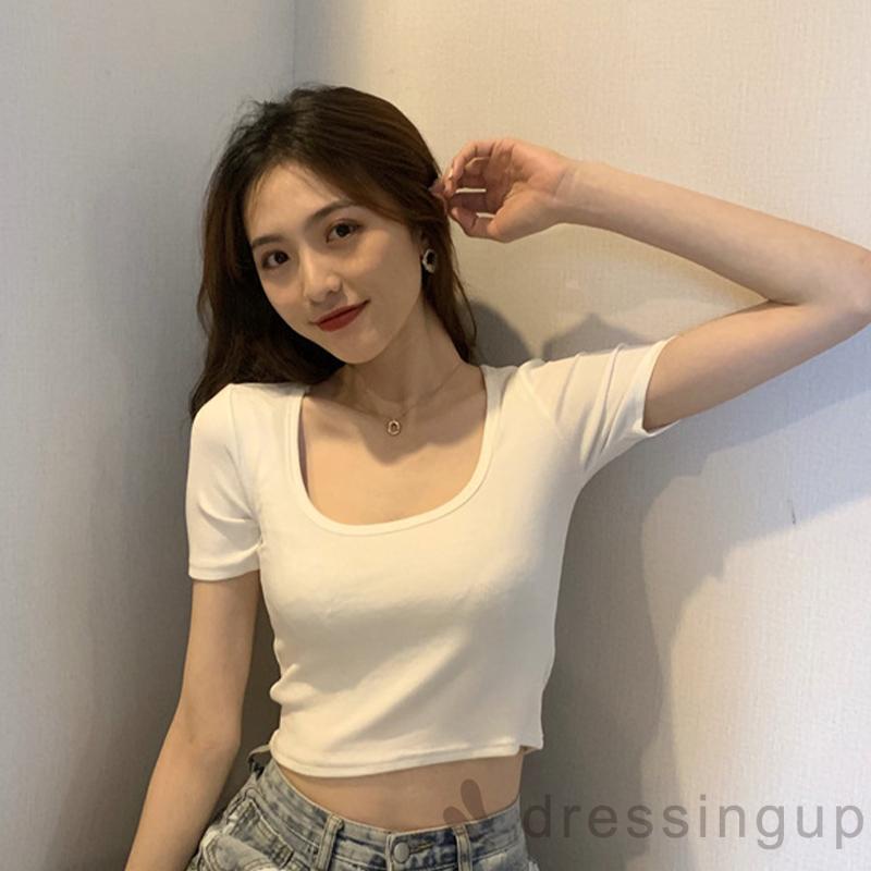 DRE-Women Summer T-shirts, Female U Neck Short Sleeve Solid Color Slim Fit Short T-shirts