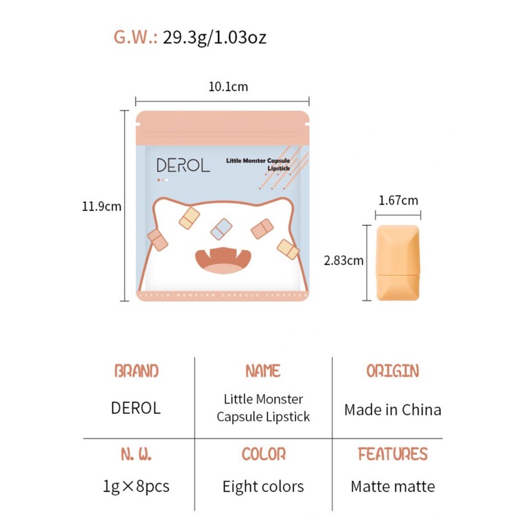 [Hàng mới về] Set 8 son môi Derol dưỡng ẩm giữ màu lâu trôi màu sắc xinh xắn