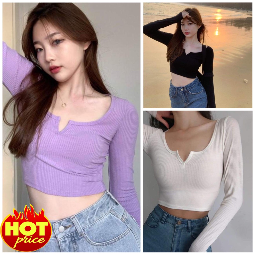 [HCM] Áo Croptop Dệt Kim Tay Dài Cổ Xẻ Chữ V Ôm Body Kiểu Cách Hàn Quốc