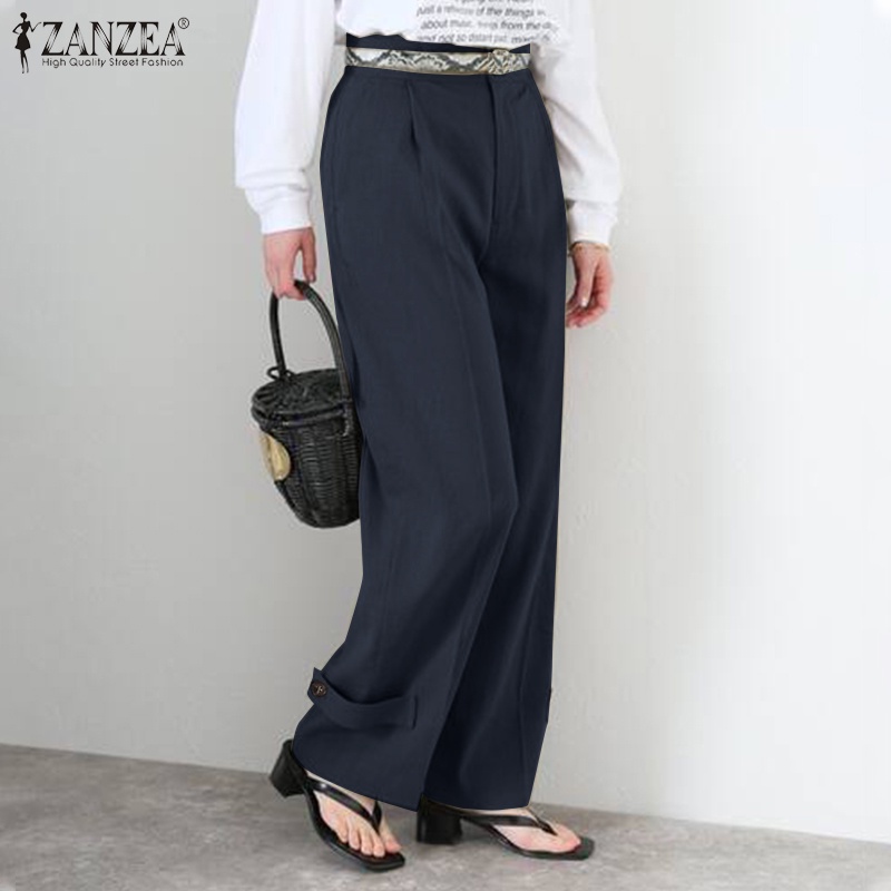 Quần dài ZANZEA ống rộng lưng thun có túi thời trang cho nữ