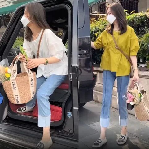 Bộ Áo Sơ Mi Ôm Eo + Quần Jean Dài Lệch Tà Thời Trang Mùa Hè Hàng Mới 2022 Dành Cho Bạn Nữ