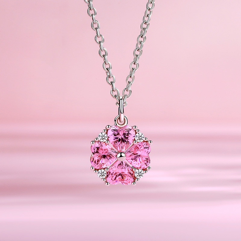 Vòng cổ nữ Hoa đào màu hồng Đơn giản Mạ bạc Mặt dây chuyền Quà sinh nhật Không phai màu VC-004
