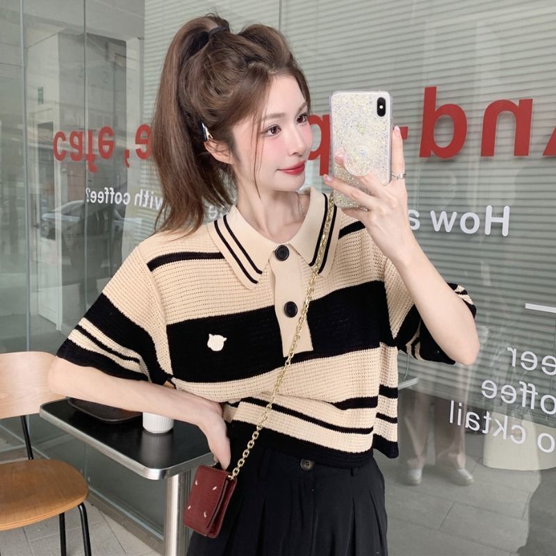 Áo Thun Polo Ngắn Tay Họa Tiết Kẻ Sọc Nhiều Màu Thời Trang Cho Nữ