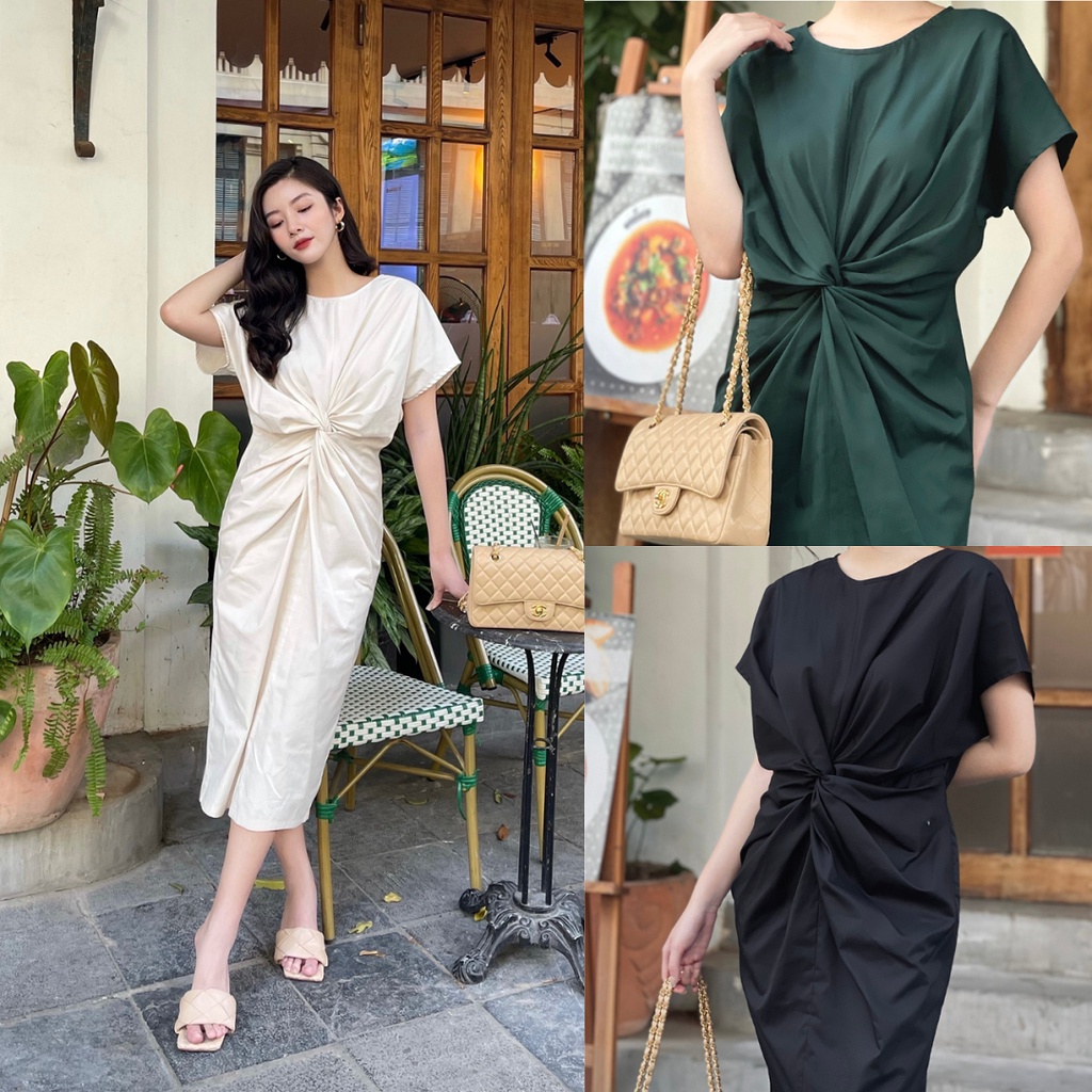 Đầm xoắn eo cotton thô, đứng dáng sang chảnh