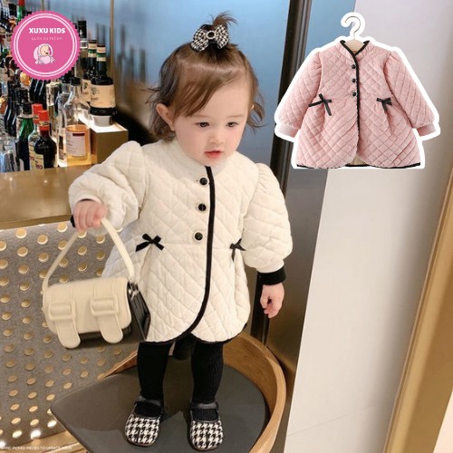 Áo khoác bé gái, áo khoác lót nỉ dáng dài phong cách Hàn Quốc dành cho bé yêu Xu Xu Kids size từ 9 đến 17kg