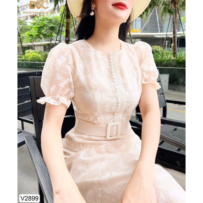 V2899 - váy ren màu be dáng chữ A