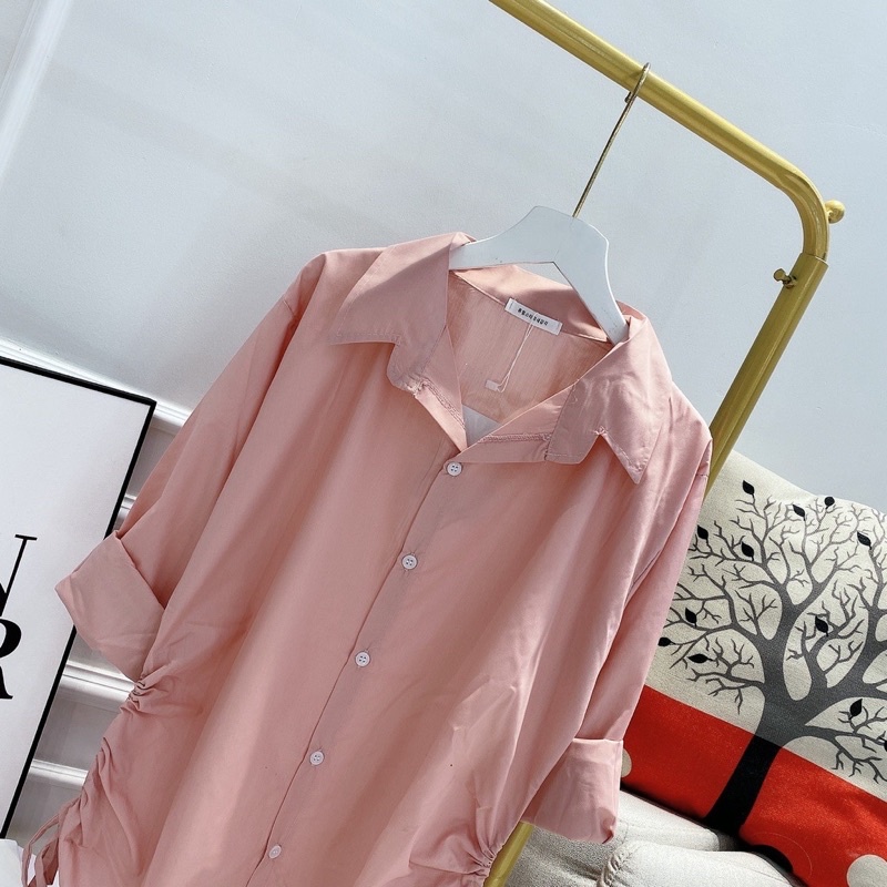 Sơ mi nữ Hồng kiểu dây rút sườn, phong cách Hàn Quốc dễ thương, form rộng, vải đũi mềm (ẢNH THẬT)