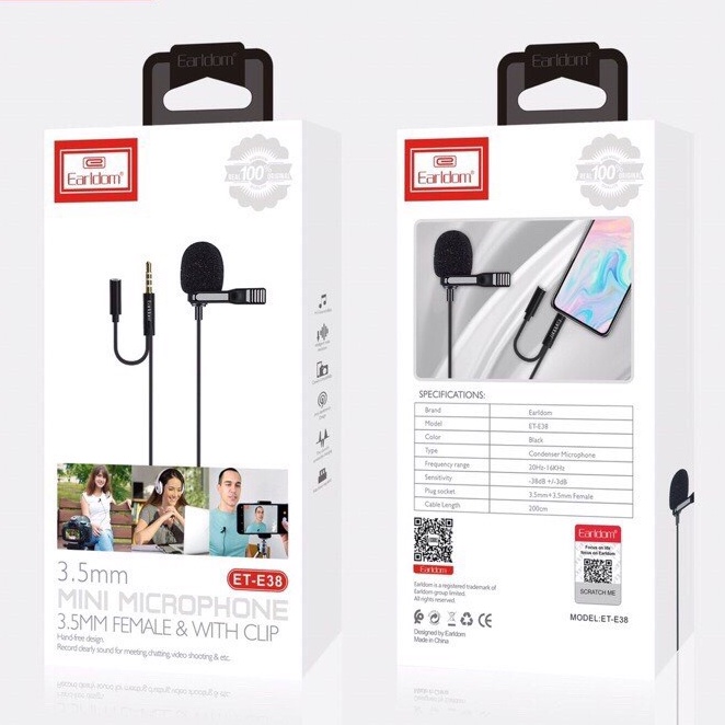 Mic Thu Âm Micro Ghi Âm Mini Cho Điện Thoại Chân 3.5mm kèm Jack Cắm Tai Nghe Earldom E38 Livestream Học Trực Tuyến