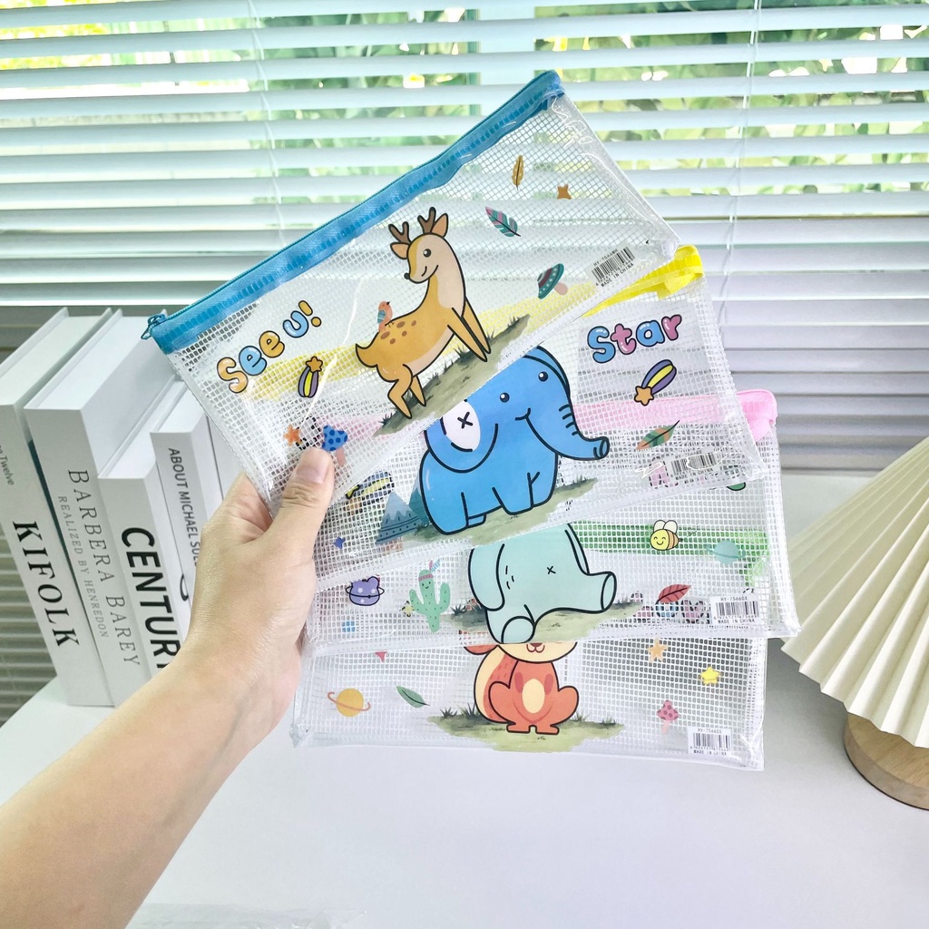 Túi lưới, hộp bút dây kéo lưu trữ tài liệu kích thước A6 họa tiết hoạt hình ngẫu nhiên