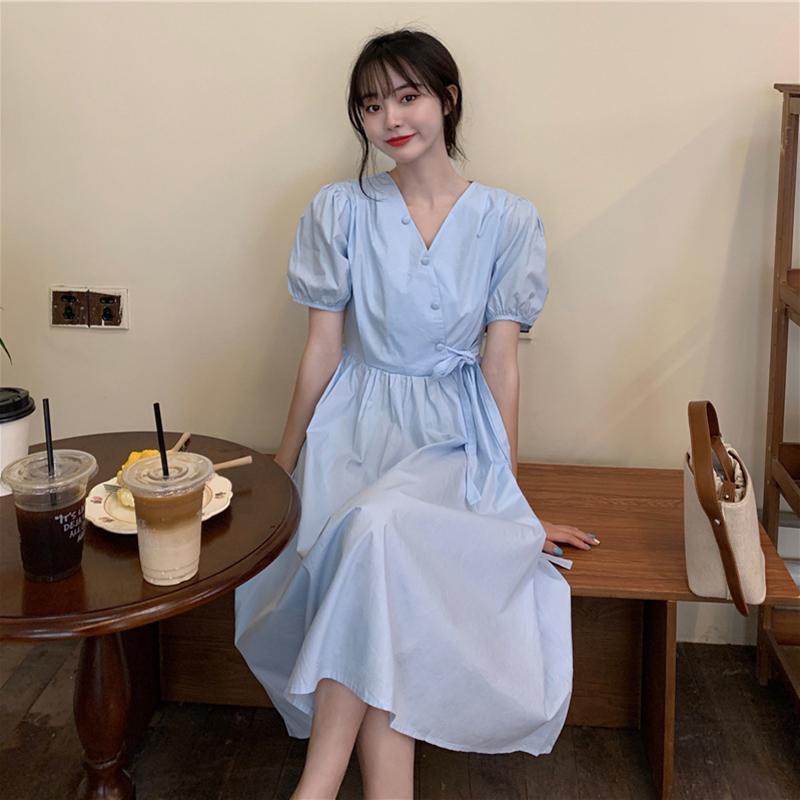 Váy chữ A màu xanh dương Kiểu dáng dài rộng rãi và thoải mái Tay ngắn cạp cao Sang trọng kiểu Pháp vintage