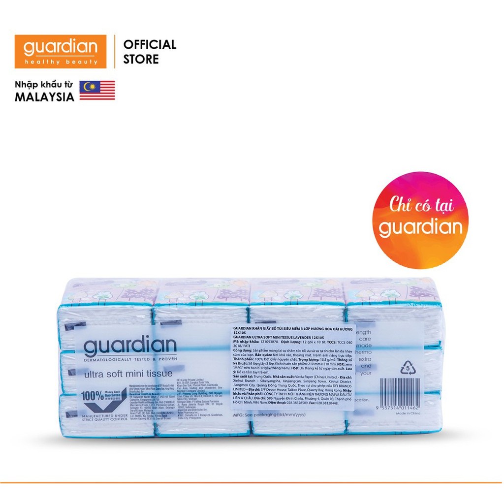 Khăn giấy bỏ túi Guardian siêu mềm 3 lớp hương Hoa Oải Hương 12x10 miếng