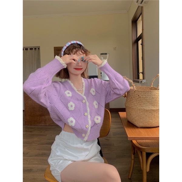 Áo khoác len cardigan dáng ngắn pastel phối hoa ngọt ngào dễ thương Yannie