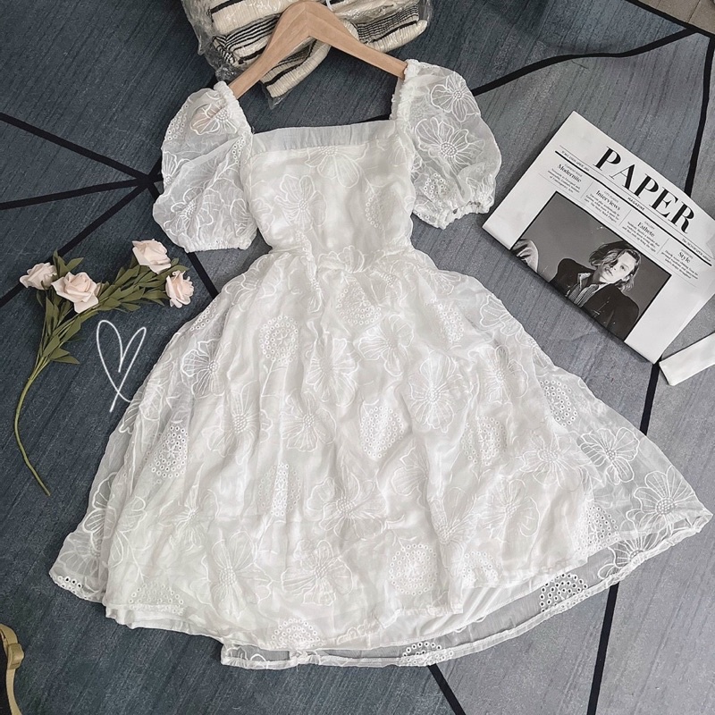 ĐẦM HOA NỔI XÔ TRẮNG CỔ VUÔNG BBD TAY BỒNG