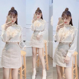 Áo sơ mi kim sa cổ bèo 2 màu trắng/be