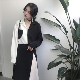 Áo sơ mi nữ trắng đen cổ vest