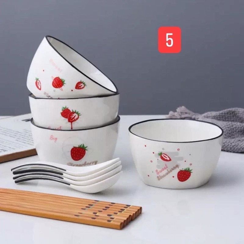 Sét 4 bát cơm vuông kèm 4 thìa hoặc 4 đôi đũa