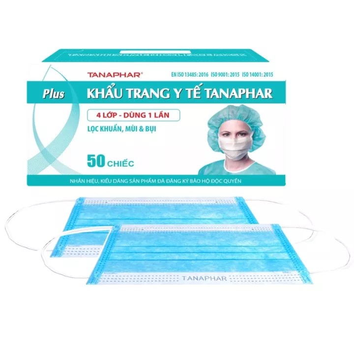 Khẩu trang y tế TANAPHAR PLUS hộp 50 chiếc 4 lớp kháng giọt bắn và kháng khuẩn dùng 1 lần