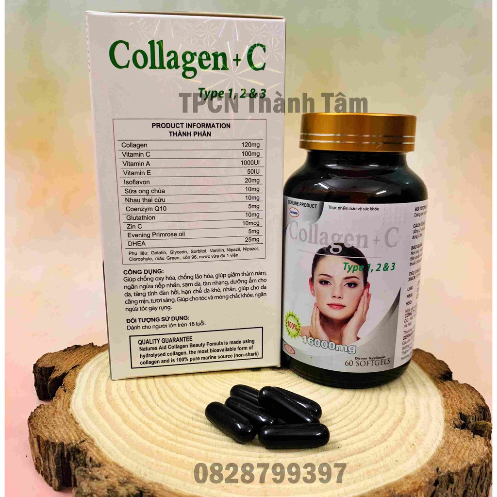 Viên uống COLLAGEN +C bổ sung collagen, vitamin e giúp chống lão hóa, cải thiện nếp nhăn - Hộp 60 viên dùng 30 ngày