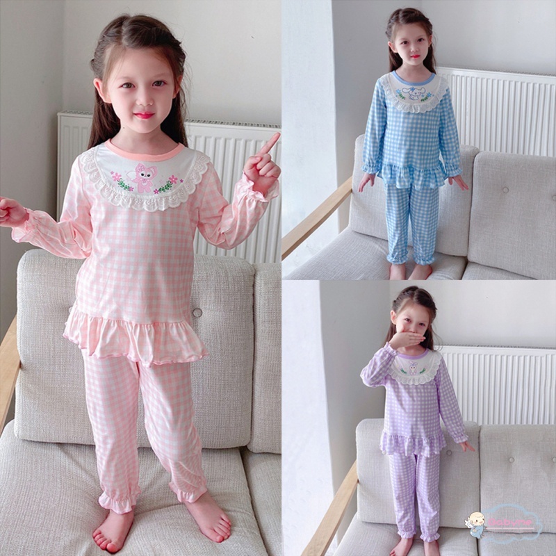 Bộ Đồ Ngủ 2 Món Áo + Quần Dài In Họa Tiết Caro Dễ Thương Thoải Mái Thân Thiện Với Da Cho Bé Gái