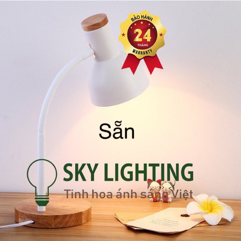 Đèn ngủ để bàn cán gỗ, đèn đầu giường phong cách Hàn Quốc đèn học Tặng kèm bóng LED xoay 360 độ