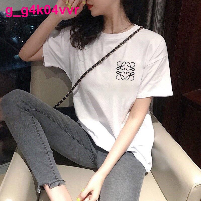 Summer Loewe triều in thêu logo cổ điển cotton rời nam và nữ áo thun cặp đôi tròn tay ngắn