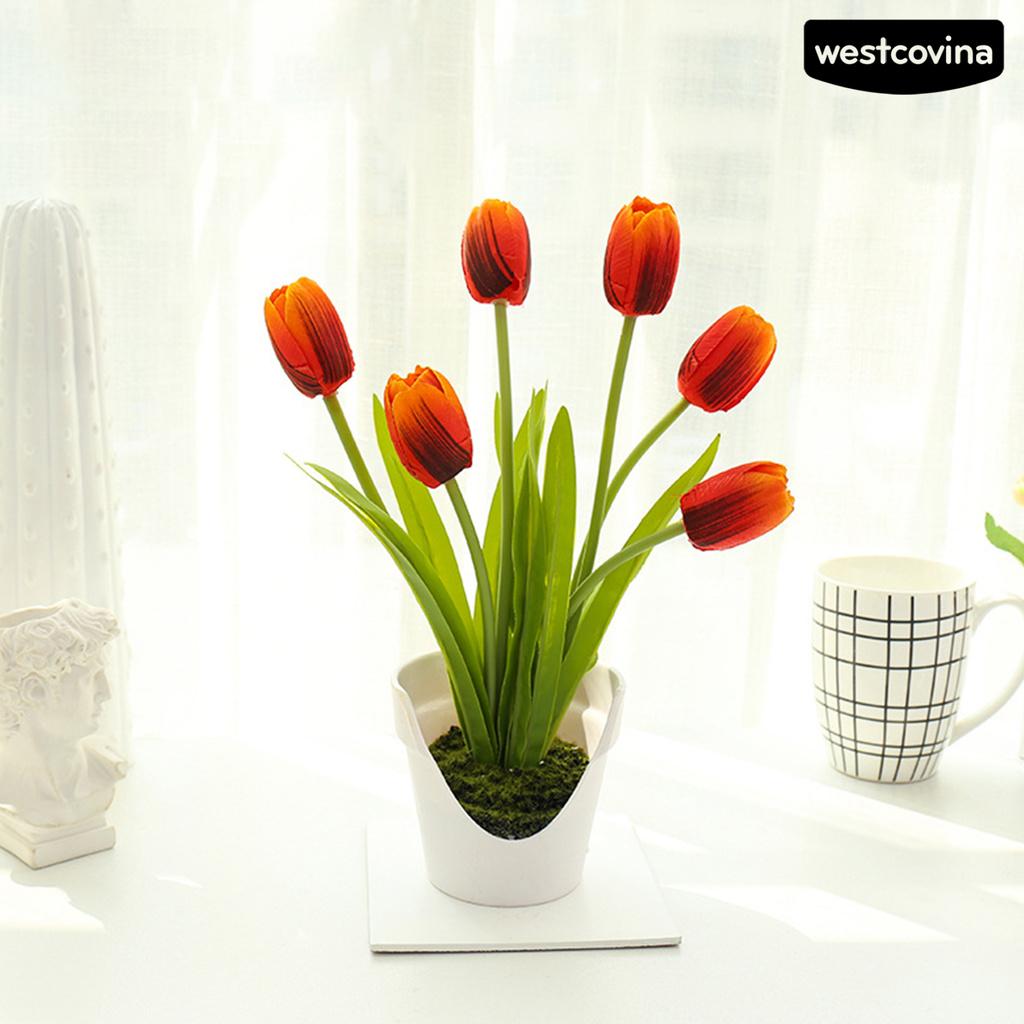 Chậu Hoa Tulip Nhân Tạo 6 Bông Trang Trí Nhà Cửa