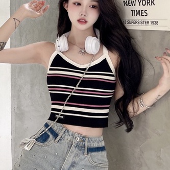 Áo kiểu ZHELIHANGFEI vải dệt kim không tay lưng cao họa tiết kẻ sọc phong cách quyến rũ