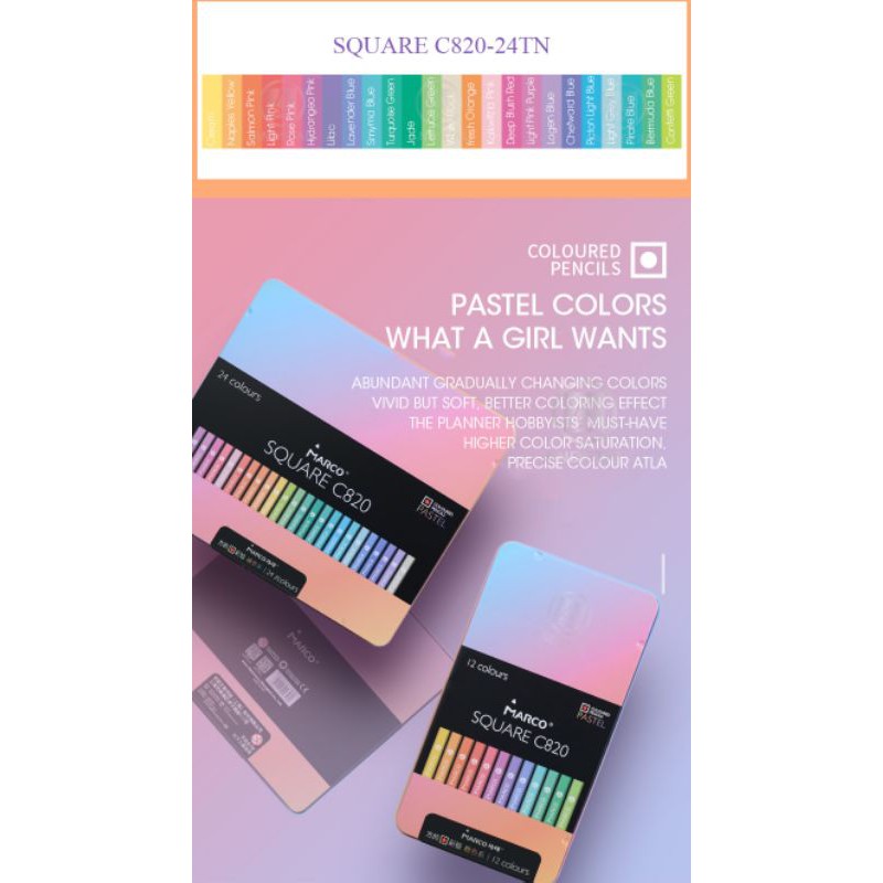 |ORDER| SQUARE COLORED PENCILS - PASTEL COLORS : MÀU CHÌ MARCO SQUARE C820 12 / 24 MÀU