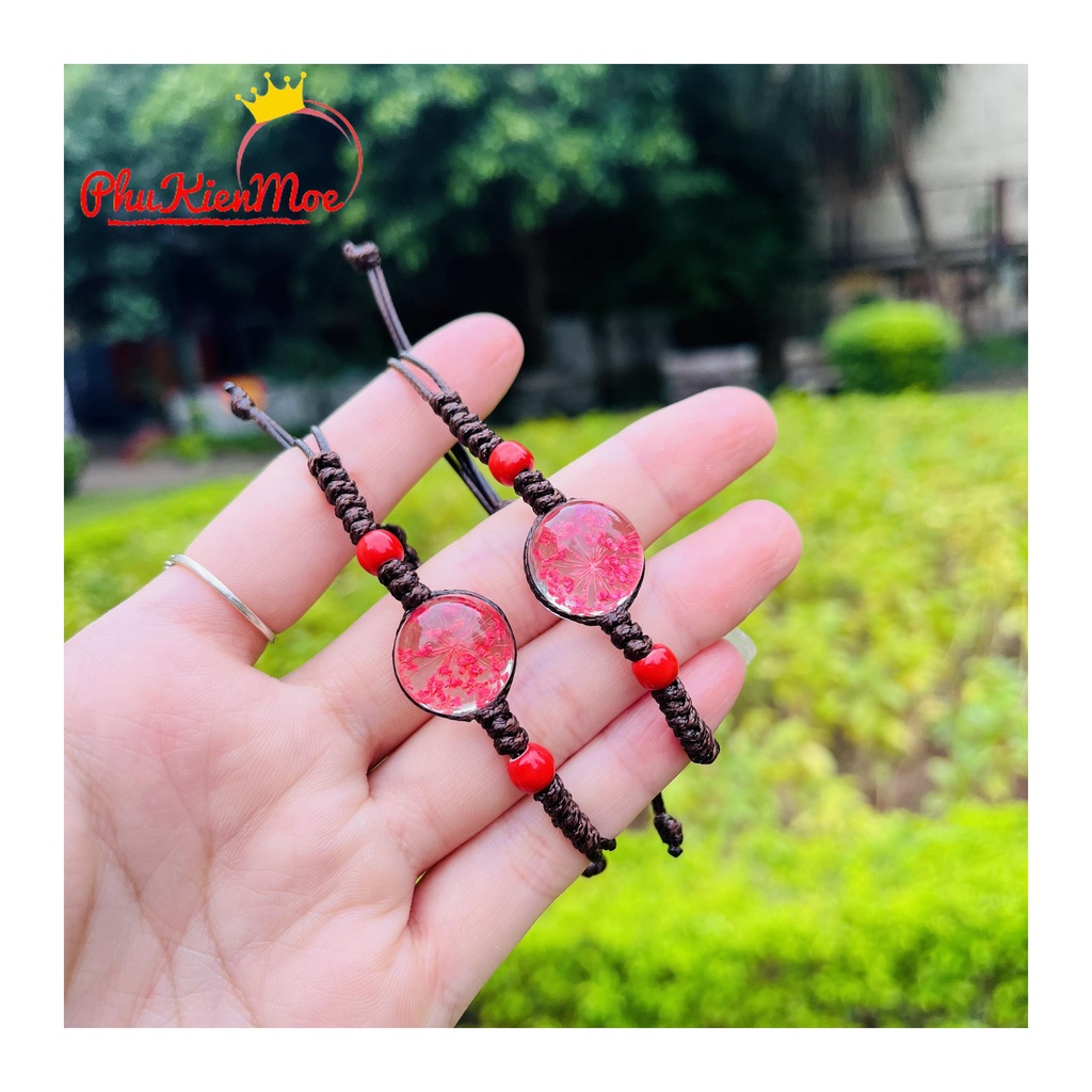 Vòng tay dây rút hoa khô đá thủy tinh thiết kế basic phong cách đơn giản PhuKienMoe handmade