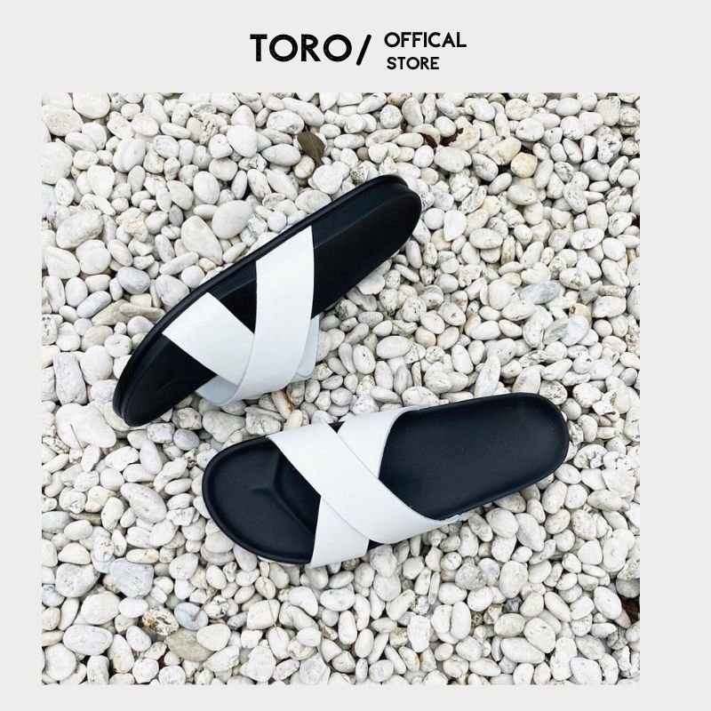 Dép da nam nữ  quai chéo Toro chất liệu da bò cao cấp , màu trắng đế cao su non T01