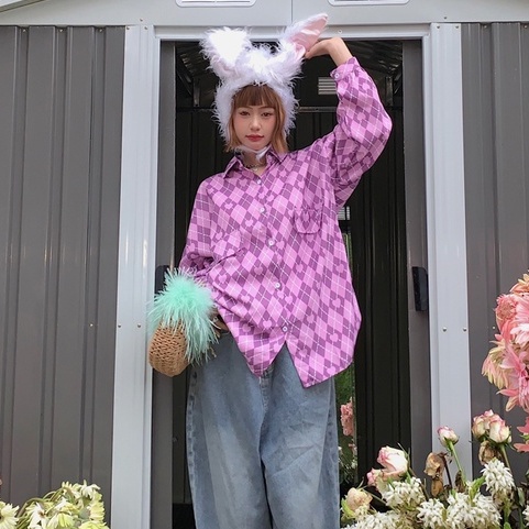 Áo sơ mi ZHELIHANGFEI tay dài dáng rộng họa tiết sọc theo phong cách Nhật Bản dễ phối đồ cho nữ