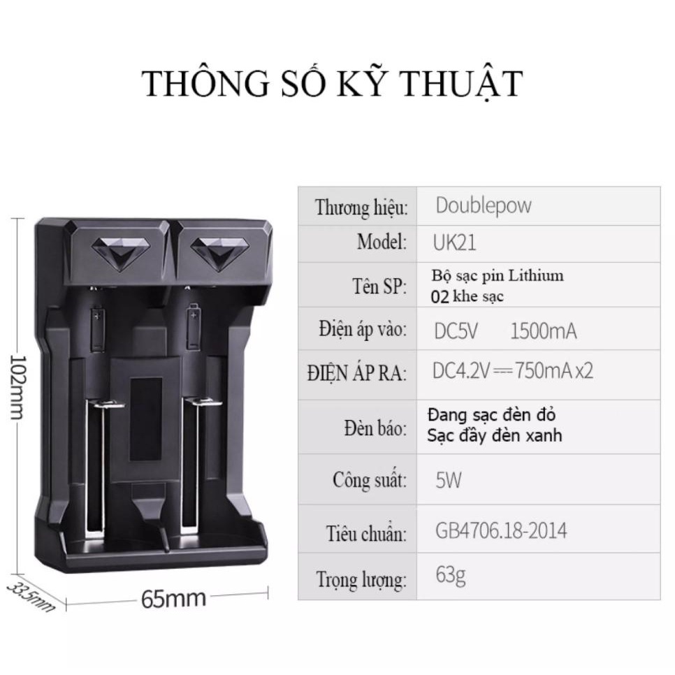 Bộ sạc pin 18650 tự ngắt báo đèn khi đầy Doublepow DP - UK21 sạc được pin 3,7V 18650, 16340, 14500, 26650,21700...