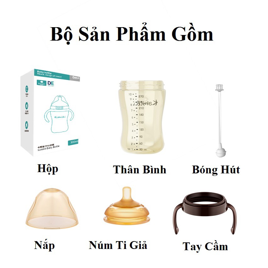 Bình sữa nhựa KAMIDI cao cấp kết hợp núm sữa silicon thiết kế mô phỏng đầu ti mẹ 210ML VÀ 300ML