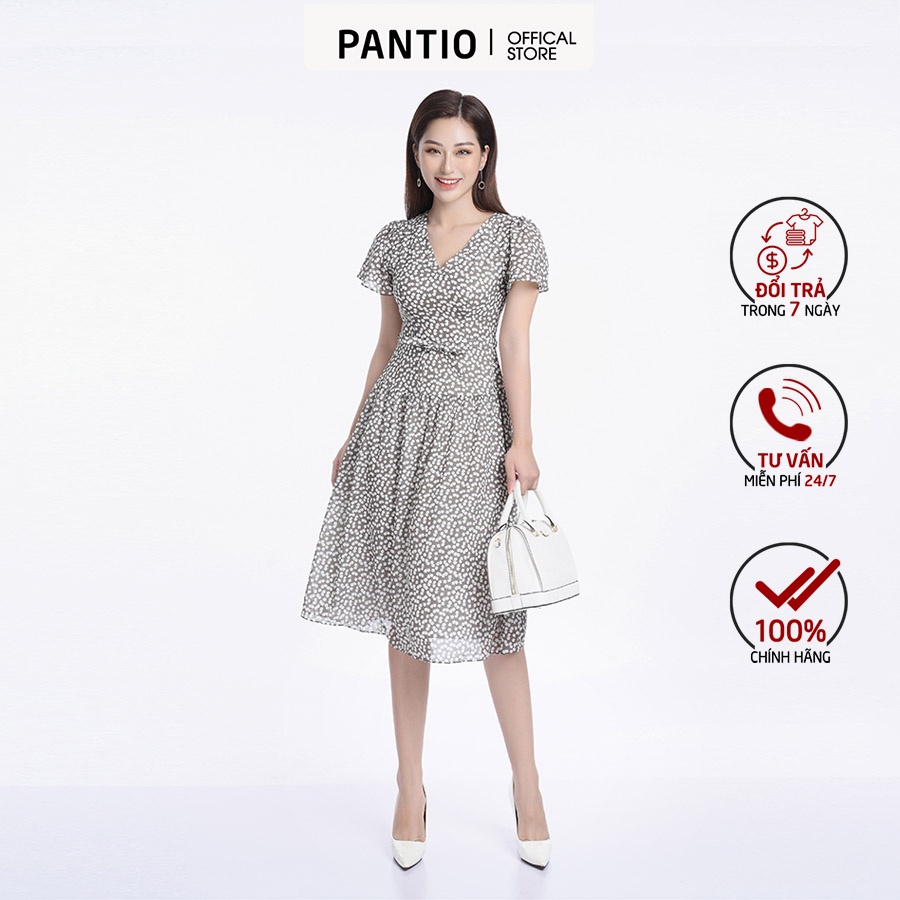 Đầm công sở chất liệu lụa cát đai bo eo cổ chữ V dáng xòe FDC32760 - PANTIO