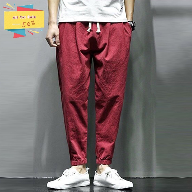 [Khuyến Mãi Sốc] Men Loose Harem Pants Chinese Style Drawstring Cotton Linen Jogger Pants
