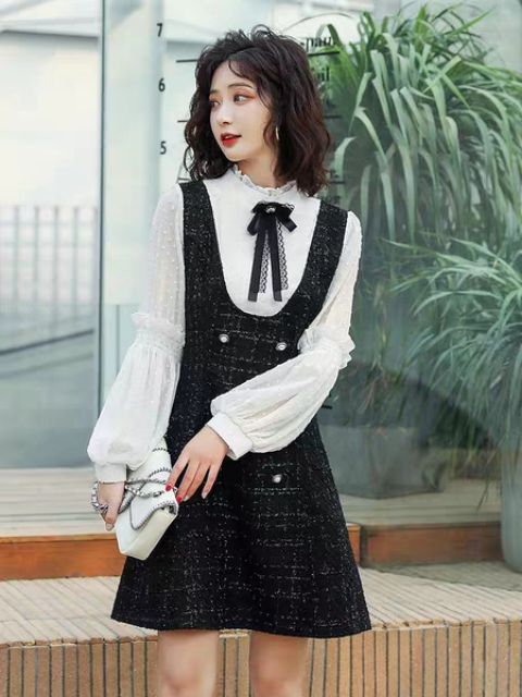 VÁY DẠ TWEET CỔ NƠ, TAY BỒNG