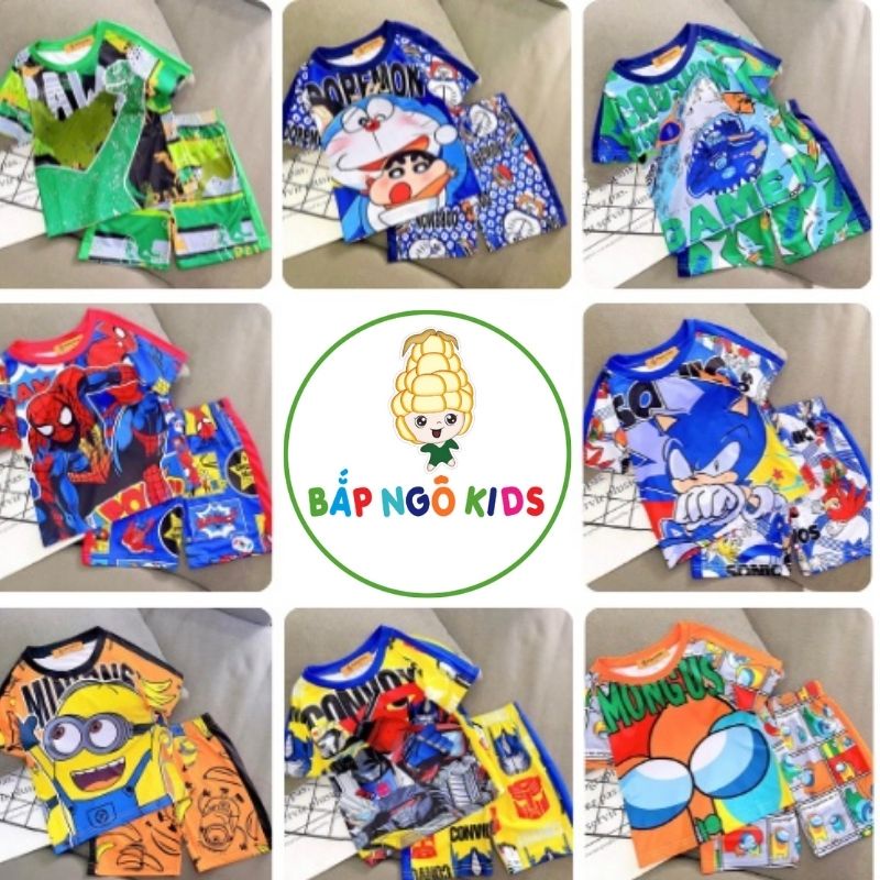 Bộ cộc tay size đại bé trai, quần áo trẻ em chất thun lạnh in 3D siêu nhân, người nhện, hoạt hình, sonic Bắp Ngô Kids