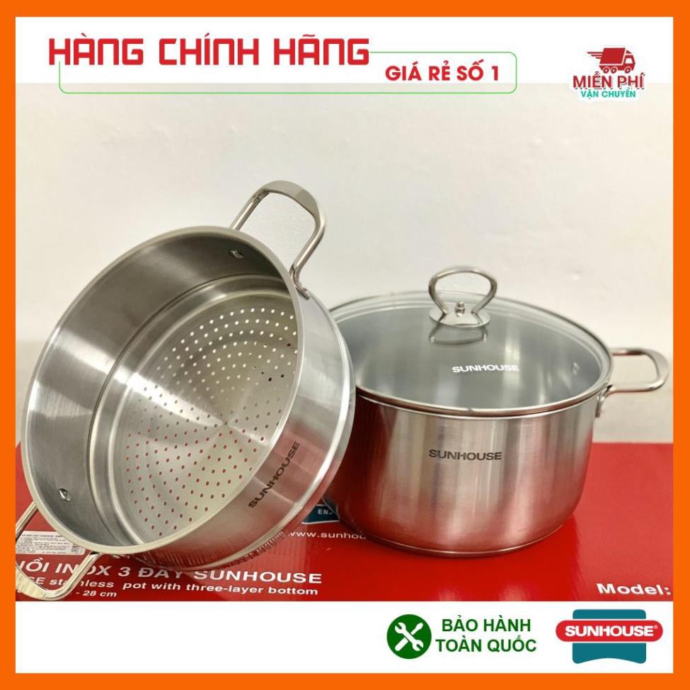 Bộ nồi inox 3 đáy 4 nồi + 1 xửng hấp  Sunhouse SH895, bộ nồi Sunhouse 3 đáy, dùng cho bếp từ.