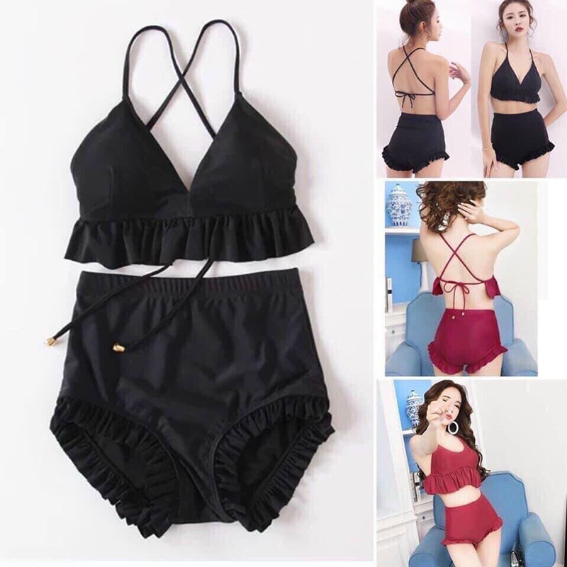 Bikini 2 mảnh bèo hở lưng quần cạp cao đồ bơi nữ tặng kèm mút lót ngực  | QP004 | BigBuy360 - bigbuy360.vn