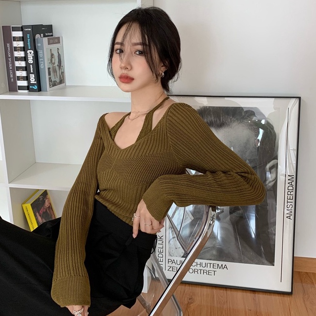 Cocory vn Áo sweater dệt kim trễ vai kiểu dáng thời trang quyến rũ với 3 màu sắc