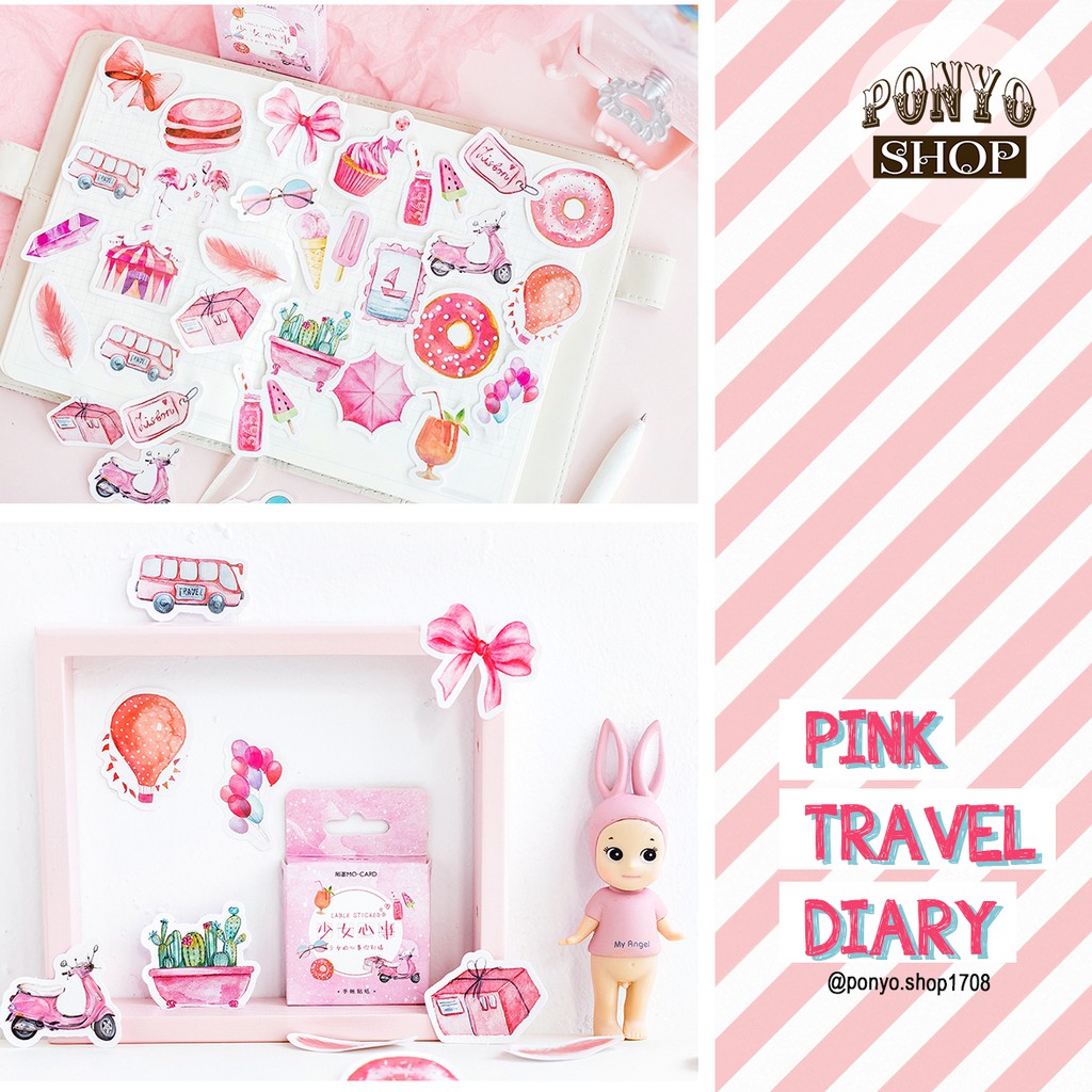 Hộp 46 sticker nhãn dán Pink Travel Diary trang trí Scrapbook