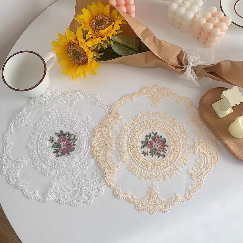Tấm lót bình hoa thêu ren miếng lót lọ hoa khăn trải trang trí bàn trà phong cách vintage cổ điển